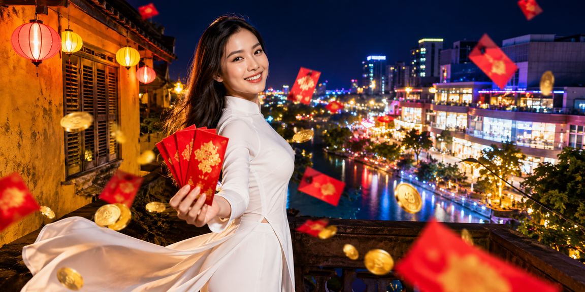 Thiếu nữ áo dài Hội An cầm phong bì đỏ – hình ảnh tiền thưởng may mắn