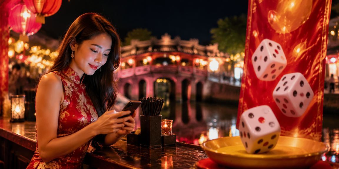 Xúc xắc Tài Xỉu trên phông nền chợ đêm Hội An lung linh ánh đèn